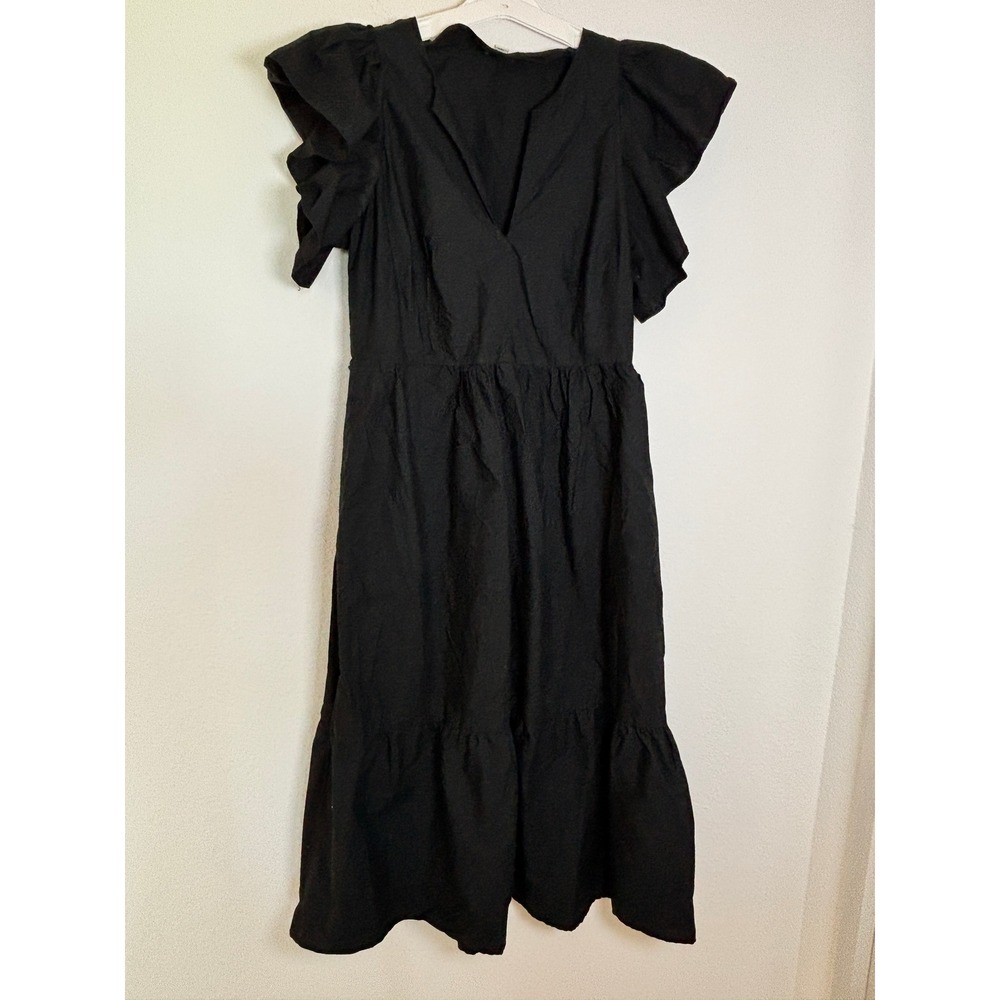 A New Day Black Flutter Sleeve Tiered Midi Dress V-Neck Ruffle Size M